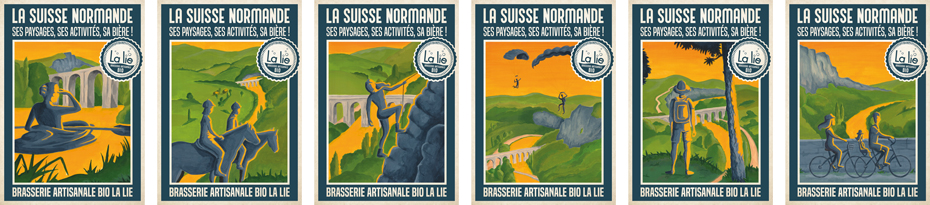 Série des 6 illustrations sur les cartes postales réalisées pour la Brasserie La Lie